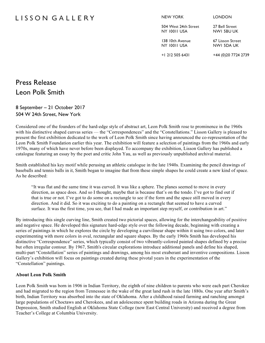 Press Release Leon Polk Smith