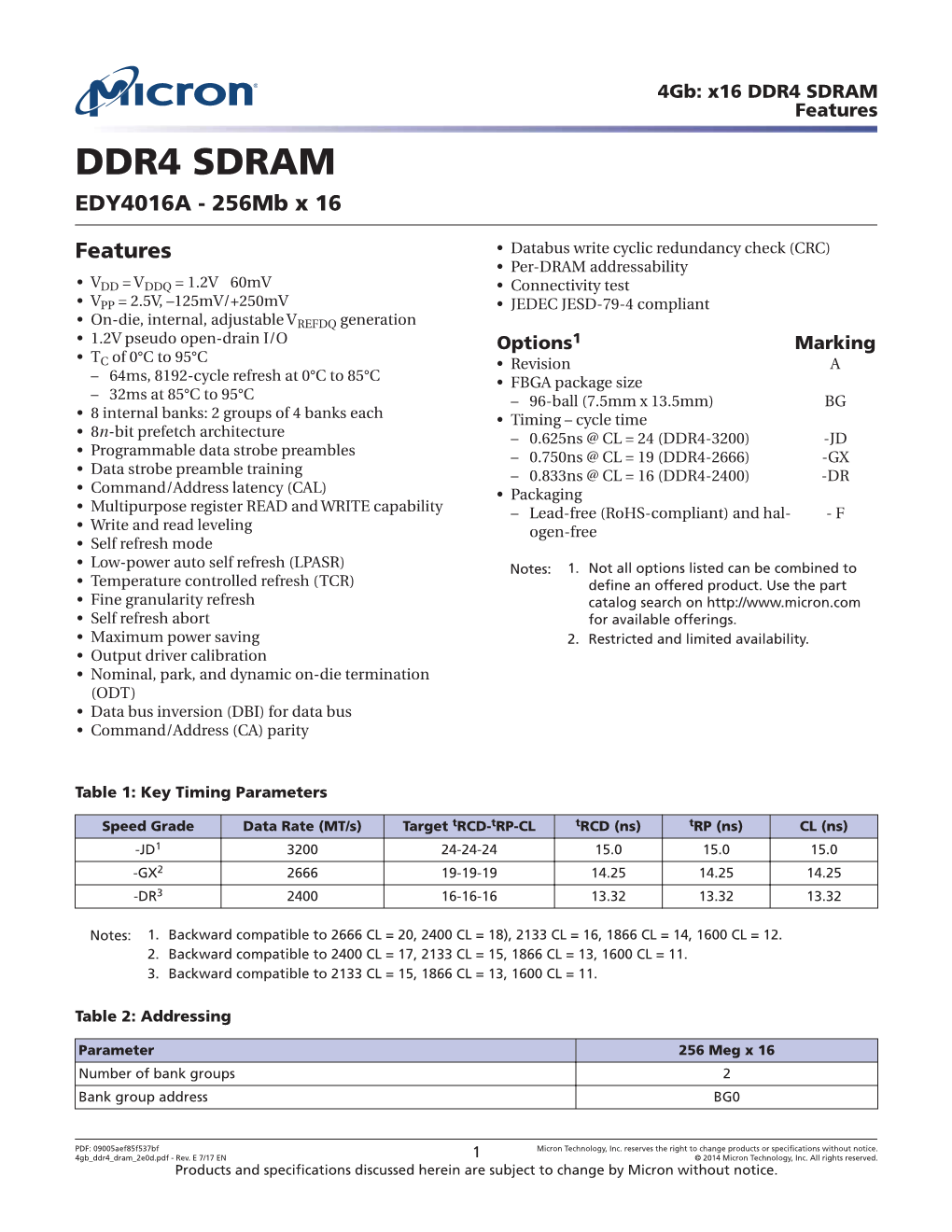 4Gb: X16 DDR4 SDRAM Features DDR4 SDRAM EDY4016A - 256Mb X 16