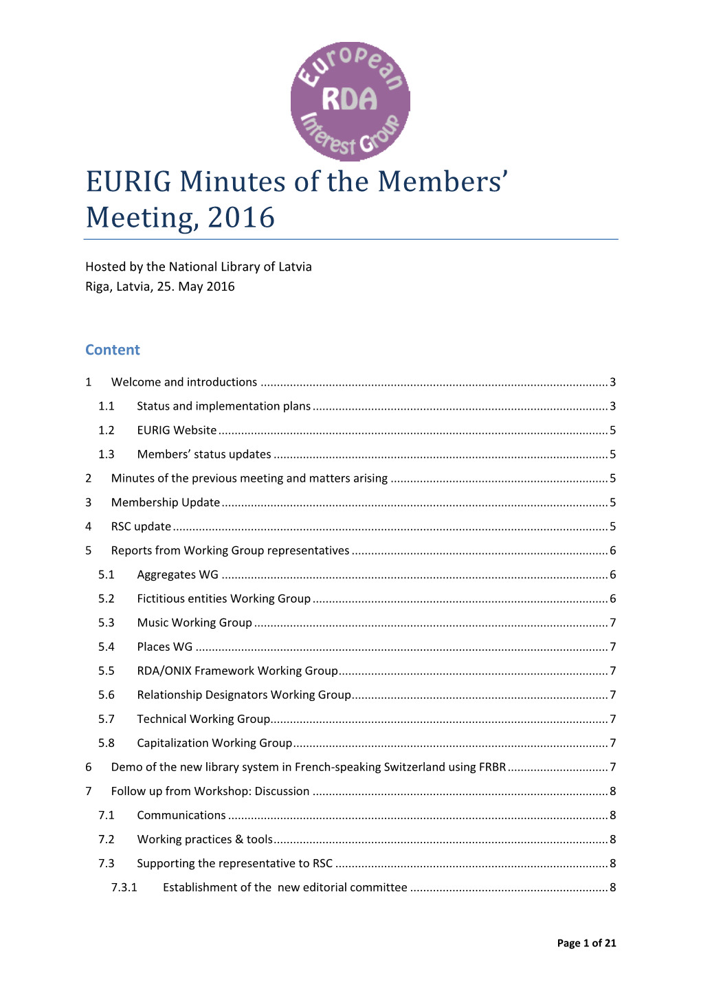 EURIG Minutes of the Members' Meeting, 2016