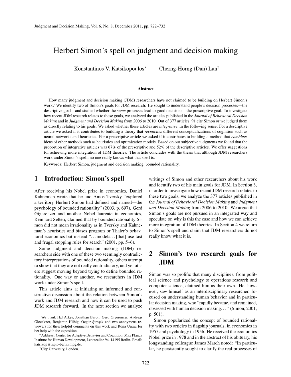 Herbert Simon's Spell on Judgment and Decision Making