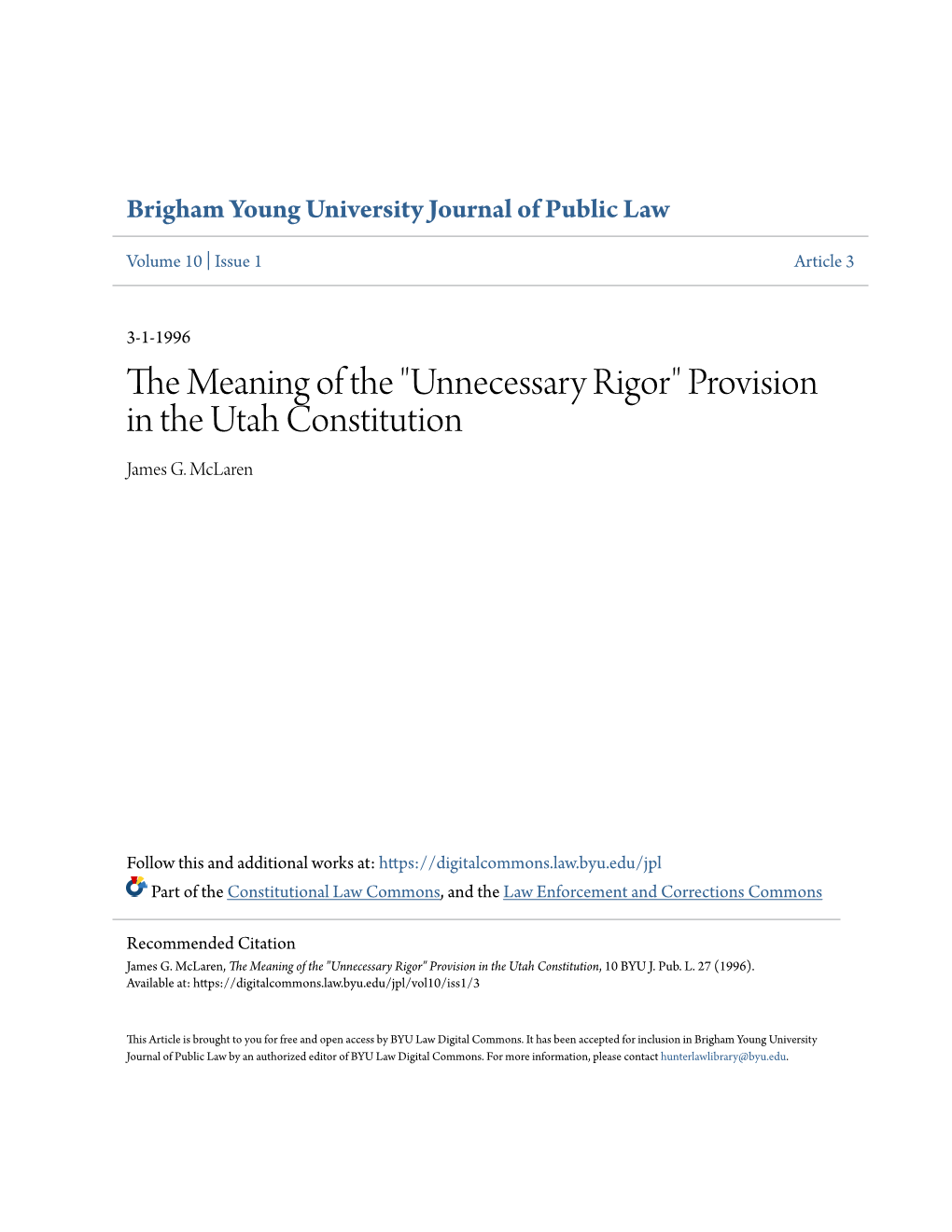 Unnecessary Rigor" Provision in the Utah Constitution James G