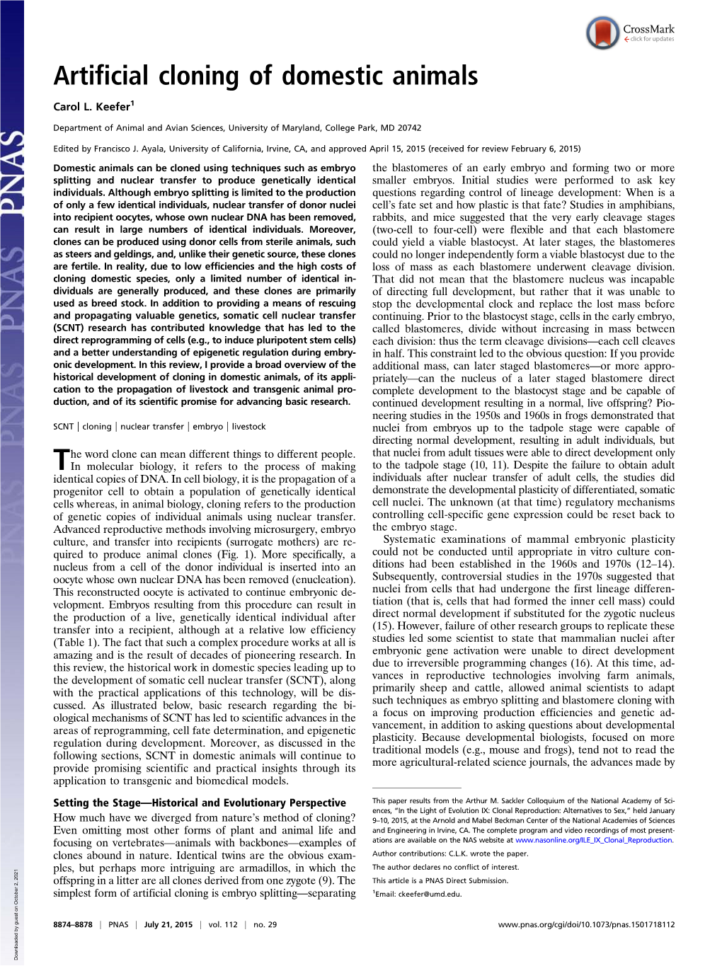 Artificial Cloning of Domestic Animals