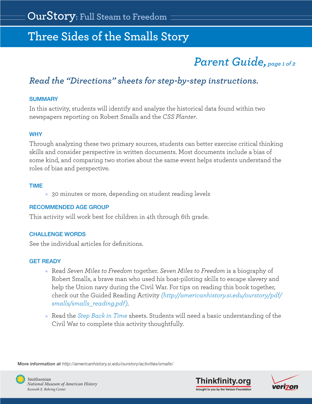 Three Sides of the Smalls Story Parent Guide,Page 1 of 2