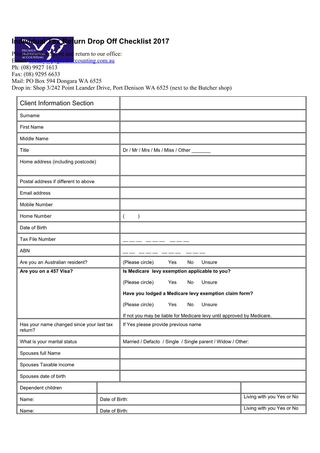 Individual Tax Return Drop Off Checklist 2017