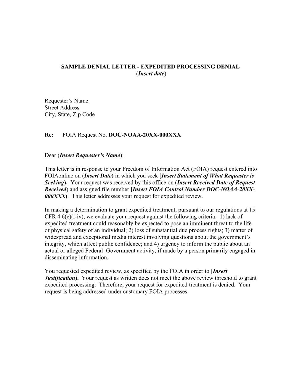 Sample Denial Letter - Expedited Processing Denial