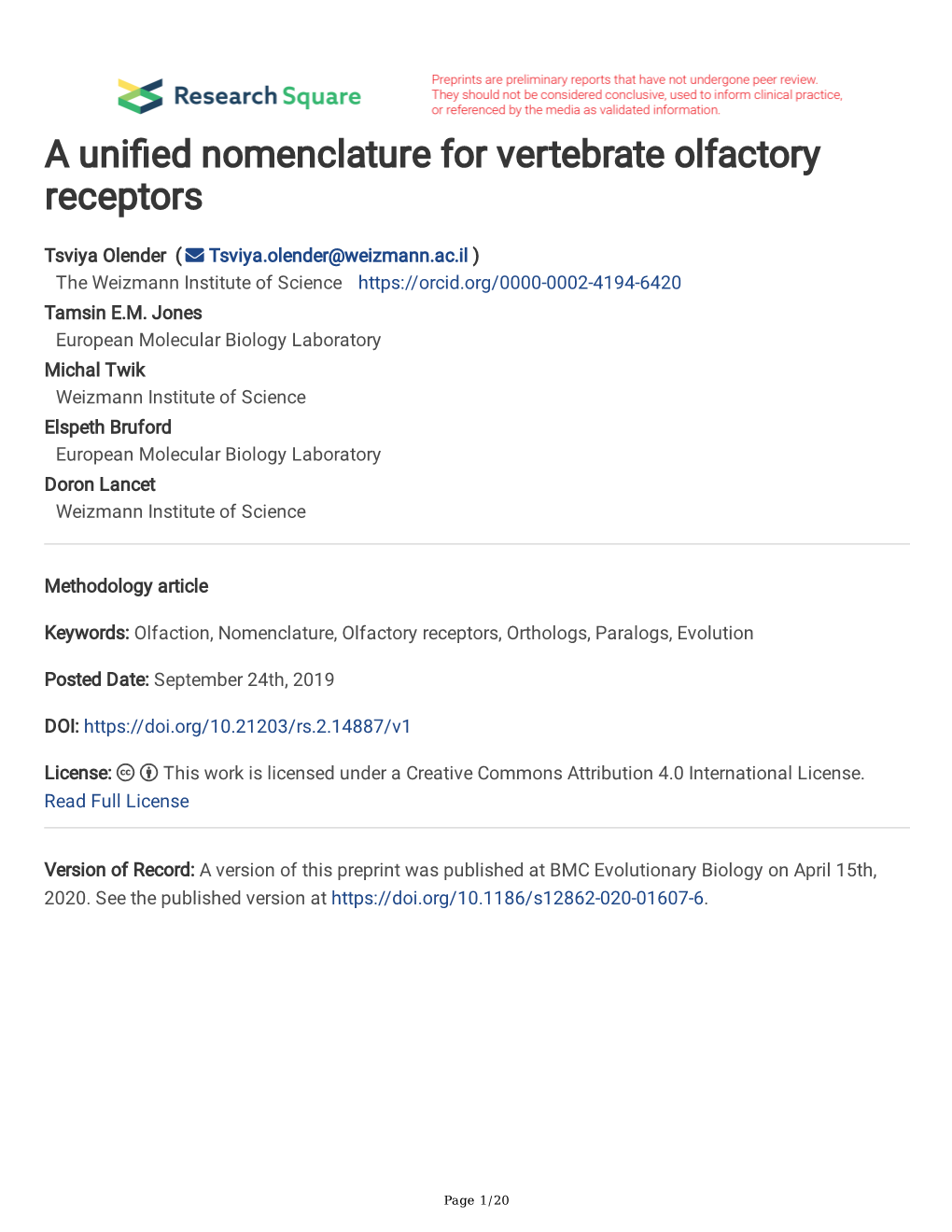 A Unified Nomenclature for Vertebrate Olfactory Receptors
