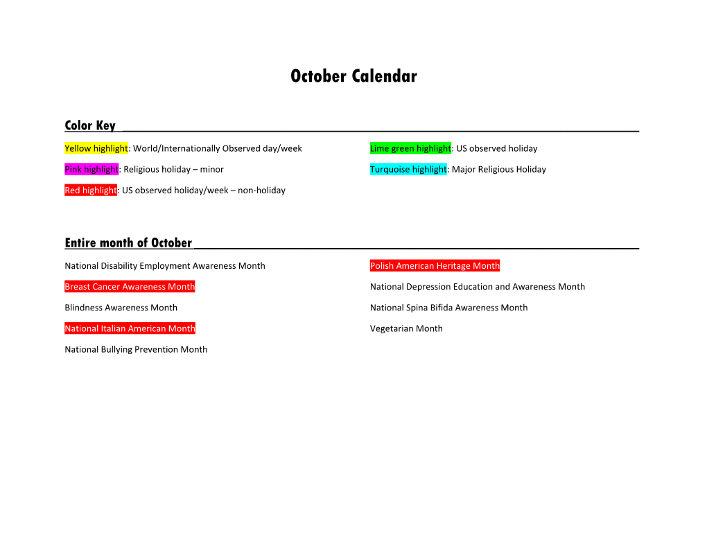 October Calendar