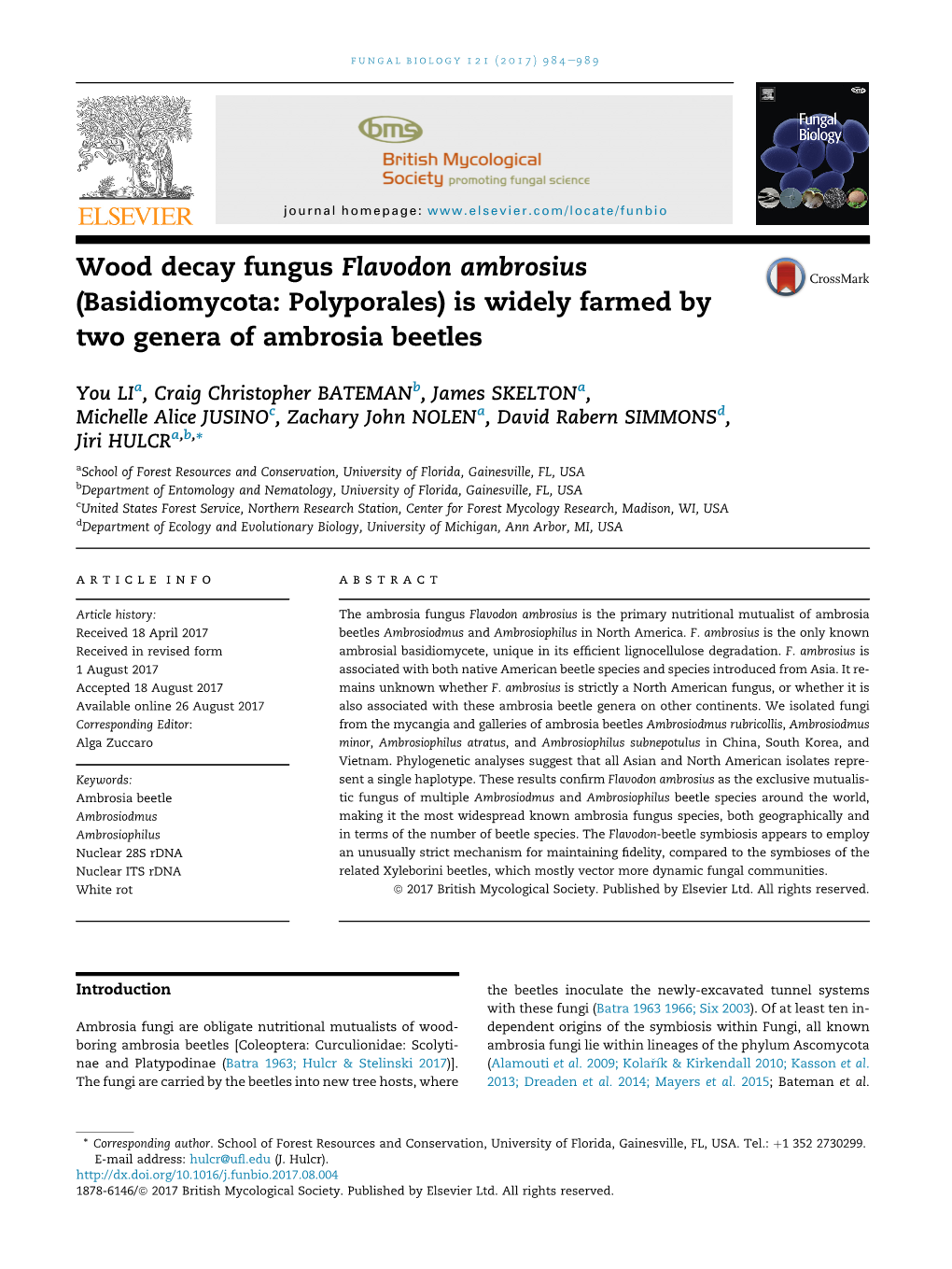 Wood Decay Fungus Flavodon Ambrosius (Basidiomycota: Polyporales) Is Widely Farmed by Two Genera of Ambrosia Beetles