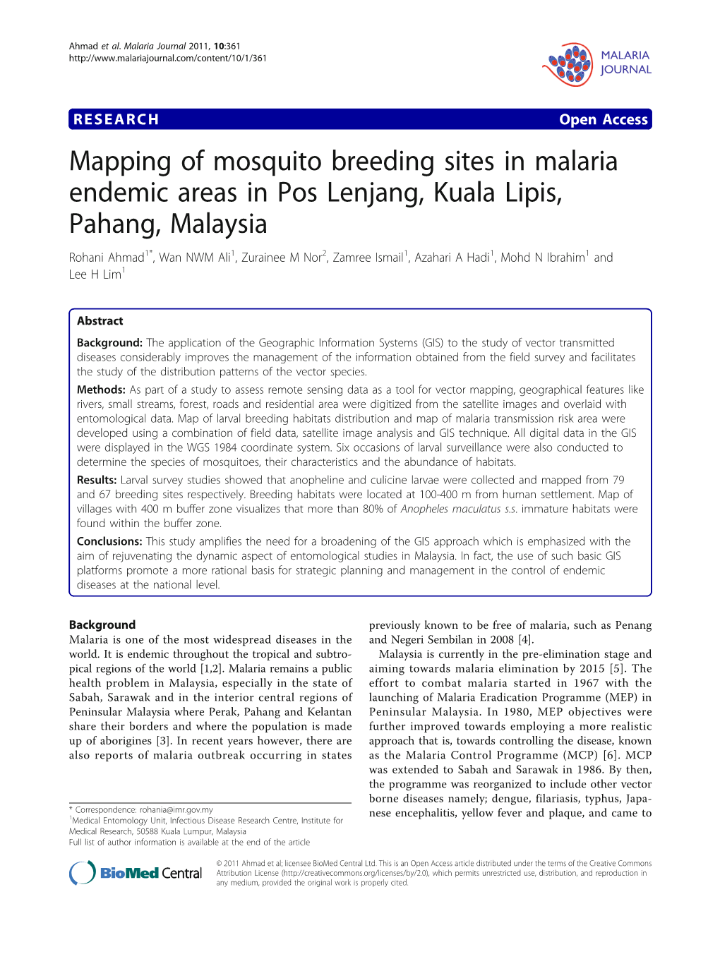 Mapping of Mosquito Breeding Sites in Malaria Endemic Areas in Pos