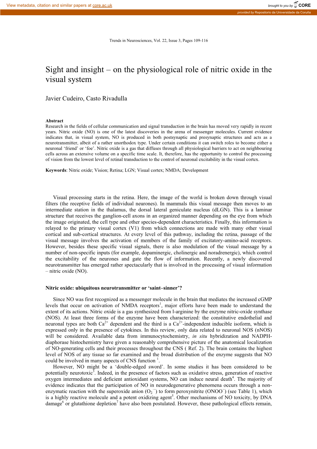 On the Physiological Role of Nitric Oxide in the Visual System