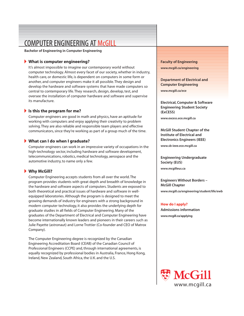 COMPUTER ENGINEERING at Mcgill Bachelor of Engineering in Computer Engineering