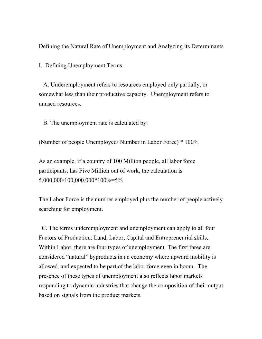 Defining The Natural Rate Of Unemployment And Analyzing Its Determinants