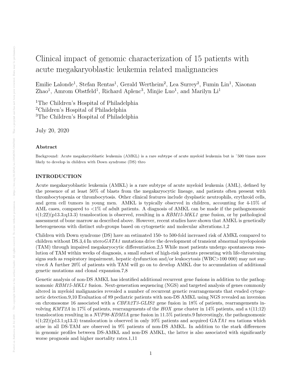 Clinical Impact of Genomic Characterization of 15 Patients with Acute Megakaryoblastic Leukemia Related Malignancies