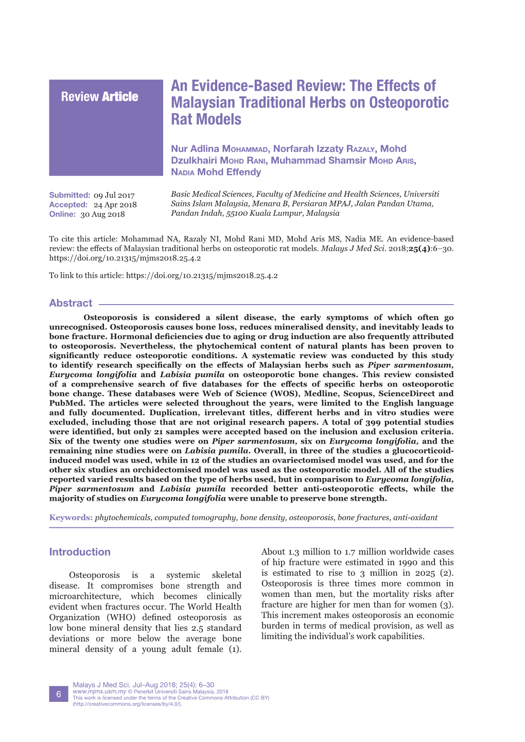 The Effects of Malaysian Traditional Herbs on Osteoporotic Rat Models