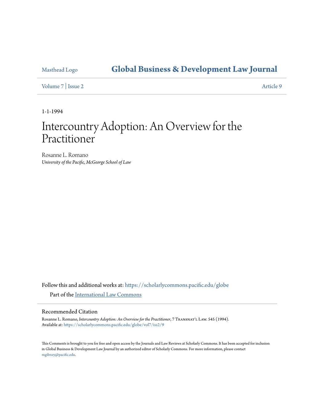 Intercountry Adoption: an Overview for the Practitioner Rosanne L