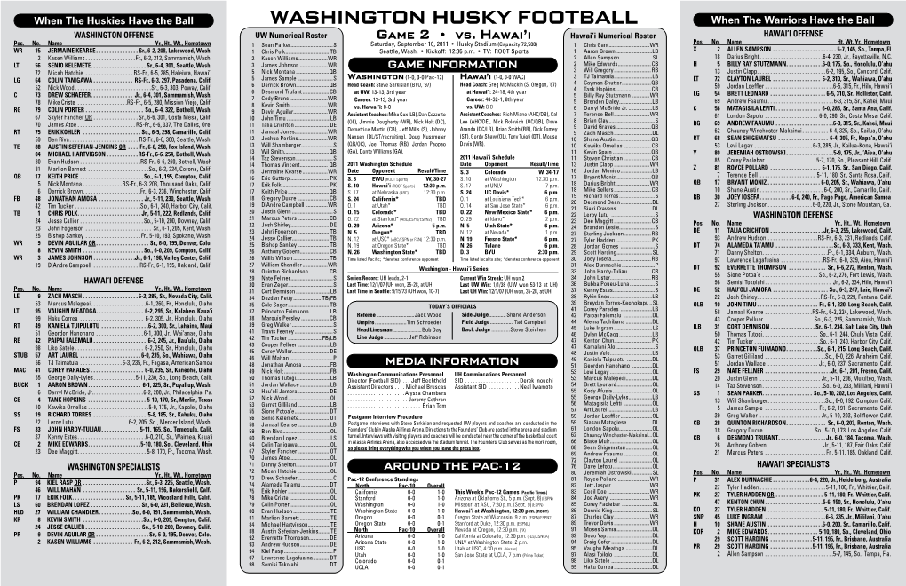 WASHINGTON HUSKY FOOTBALL When the Warriors Have the Ball WASHINGTON OFFENSE UW Numerical Roster Game 2 • Vs