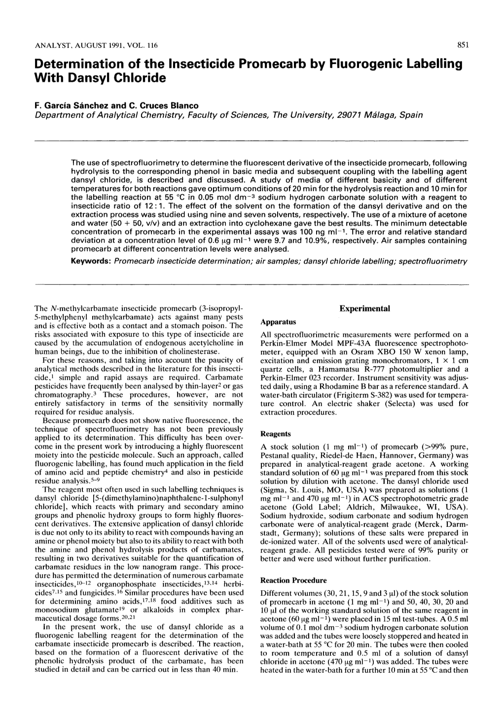 Determination of the Insecticide Promecarb by Fluorogenic Labelling with Dansyl Chloride