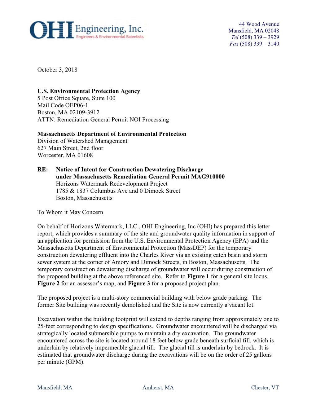 Re: Notice of Intent for Construction Dewatering Discharge Under Massachusetts Remediation General Permit MAG910000, Horizons Wa