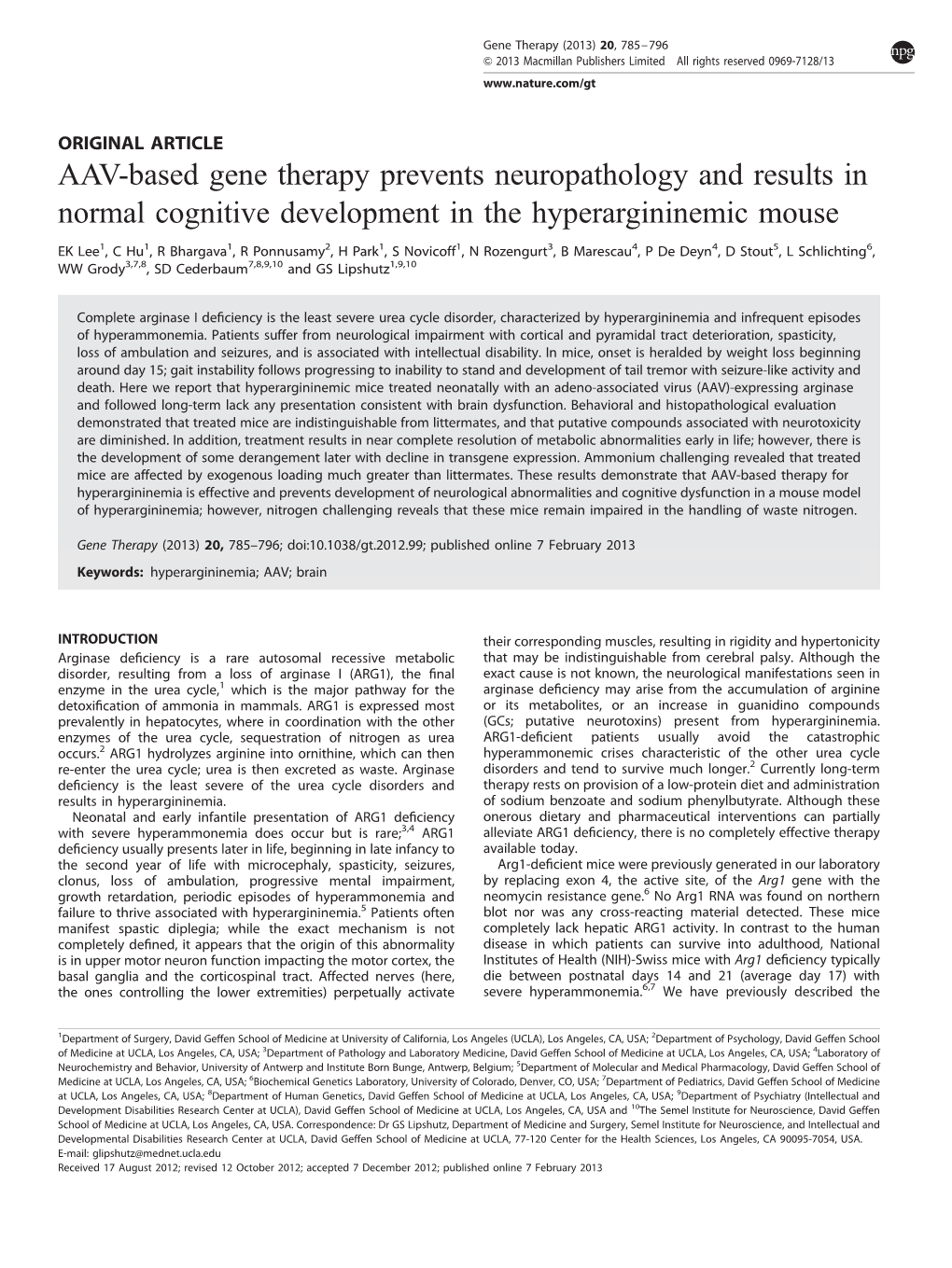 AAV-Based Gene Therapy Prevents Neuropathology and Results in Normal Cognitive Development in the Hyperargininemic Mouse