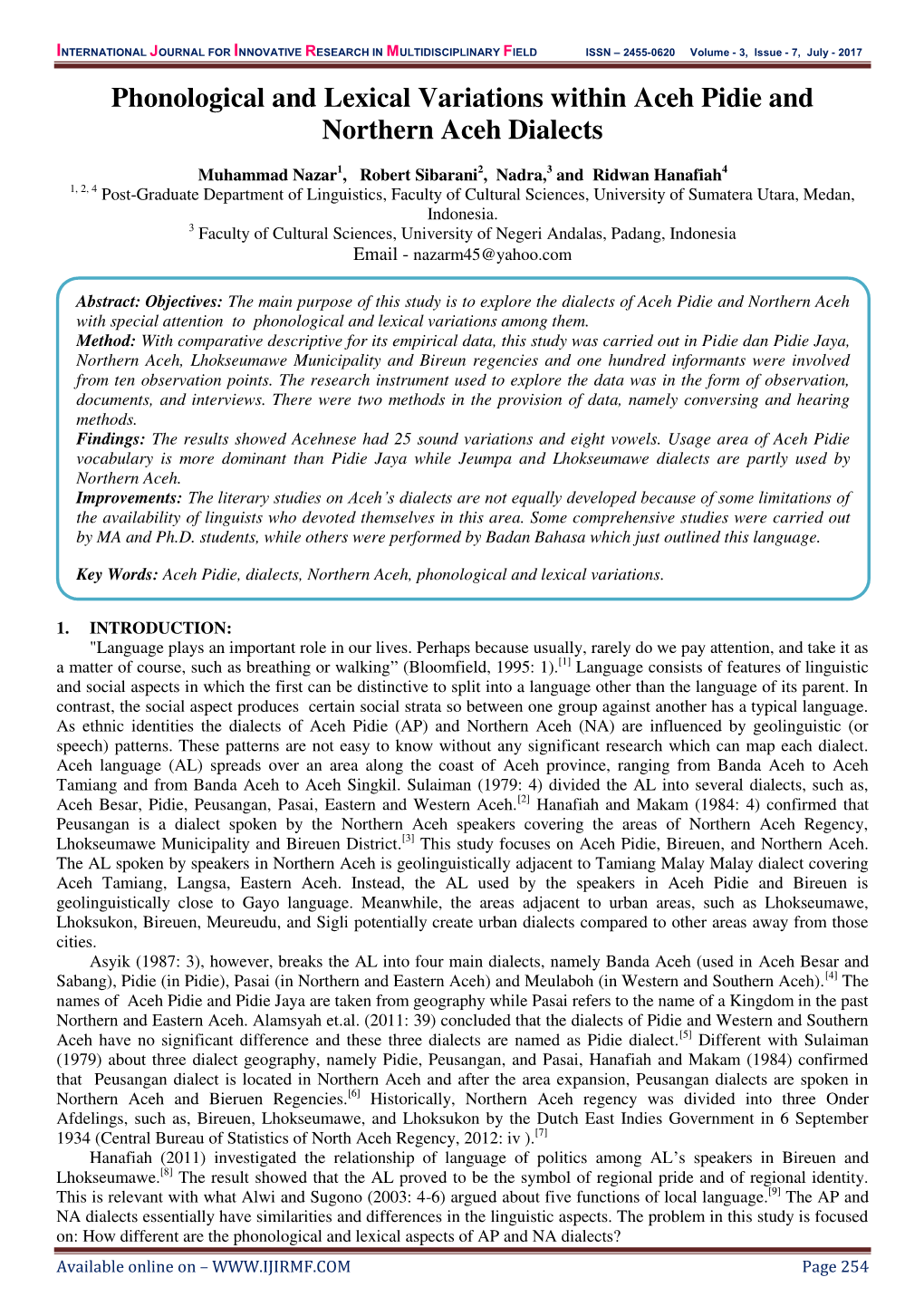 Phonological and Lexical Variations Within Aceh Pidie and Northern Aceh Dialects