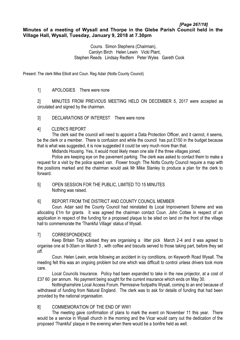 Minutes of a Meeting of Wysall and Thorpe in the Glebe Parish Council Held in the Village Hall, Wysall, Tuesday, January 9, 2018 at 7.30Pm