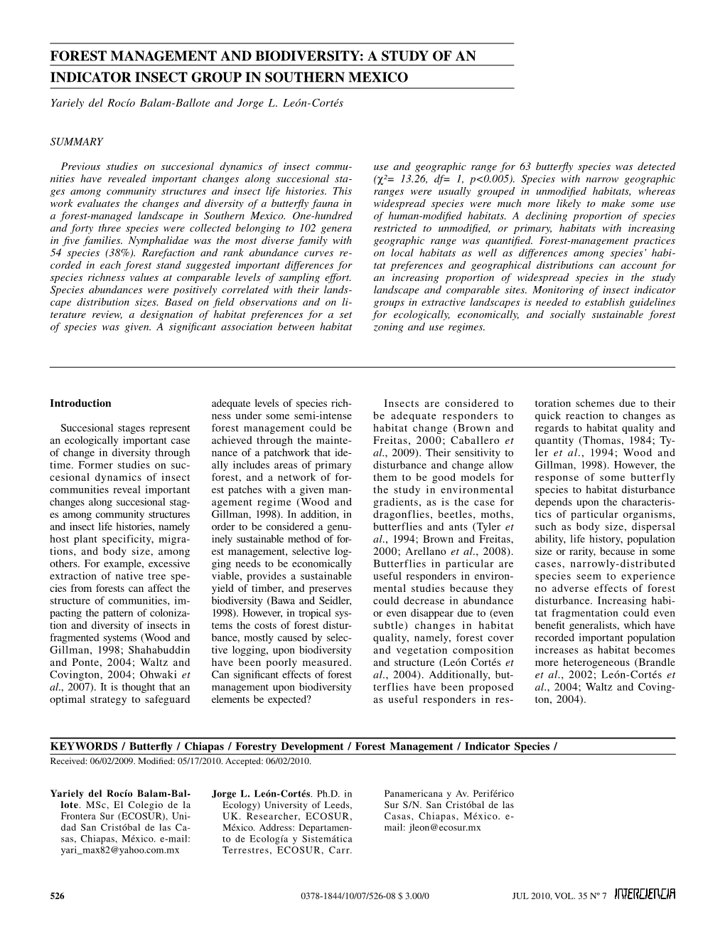 A Study of an Indicator Insect Group in Southern Mexico