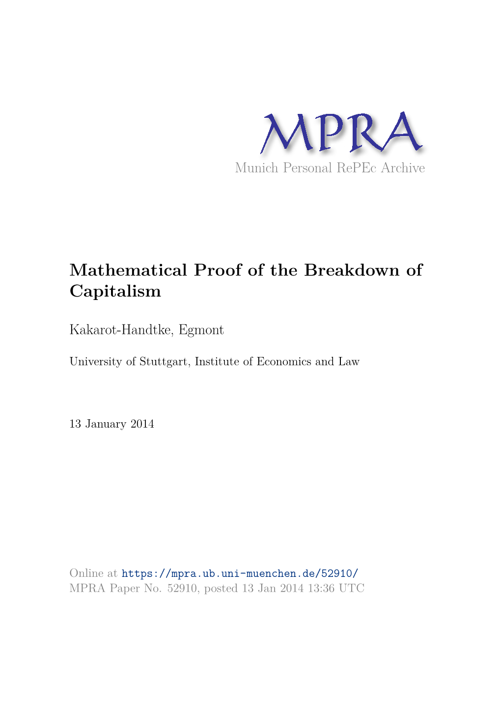 Mathematical Proof of the Breakdown of Capitalism