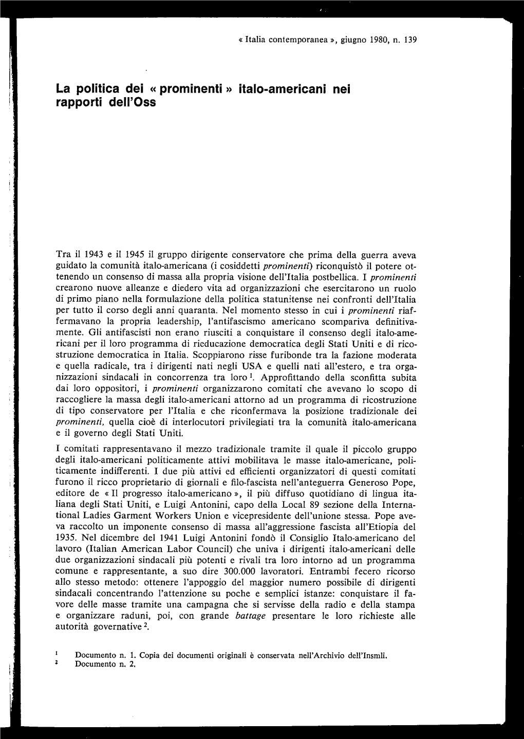 La Politica Dei « Prominenti » Italo-Americani Nei Rapporti Dell'oss