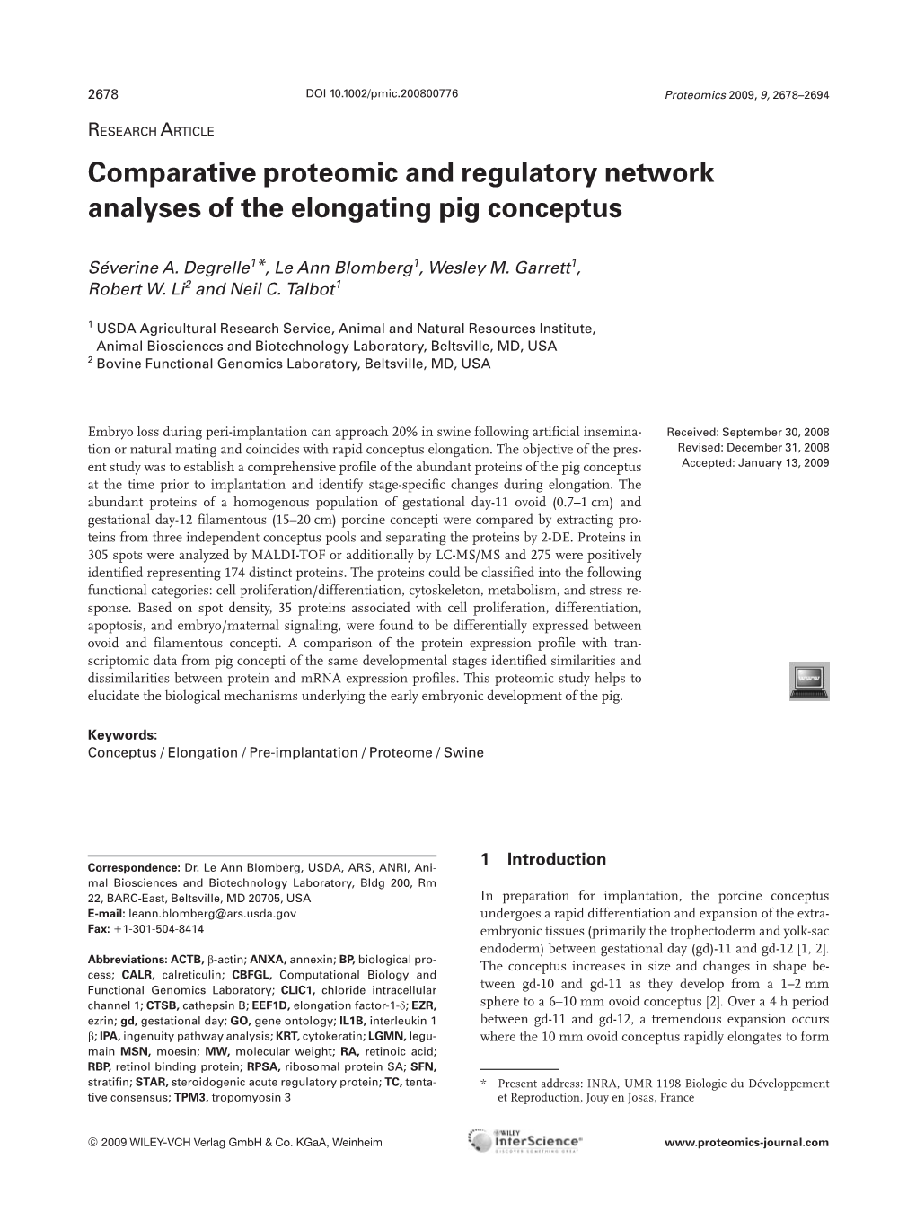 Comparative Proteomic and Regulatory Network Analyses of the Elongating Pig Conceptus