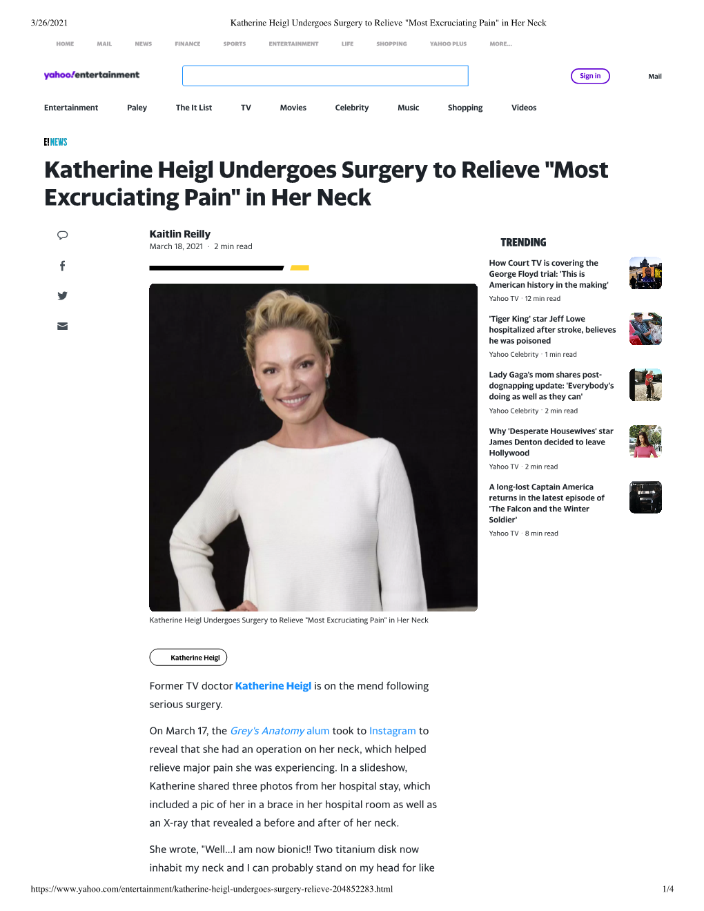 Katherine Heigl Undergoes Surgery to Relieve 