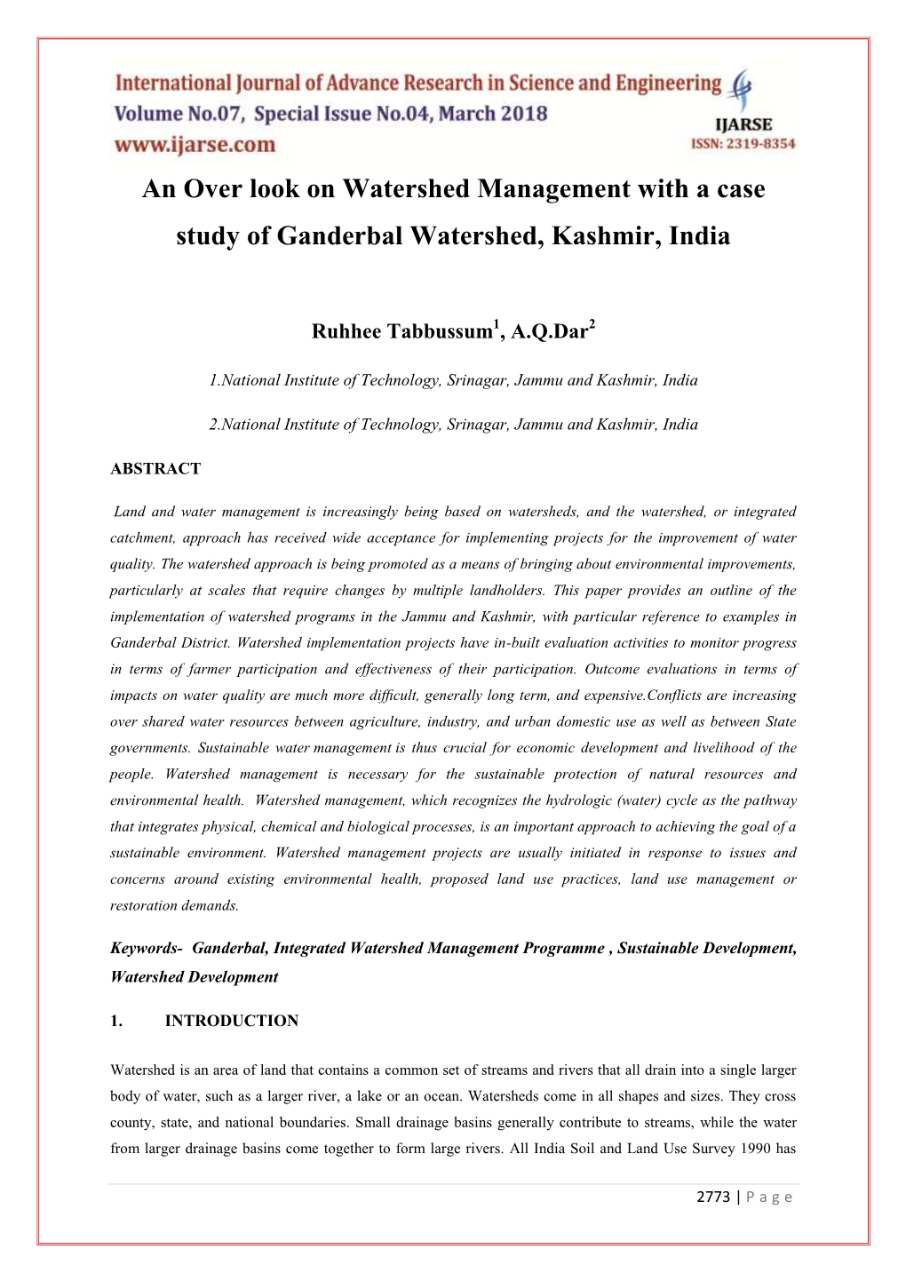 An Over Look on Watershed Management with a Case Study of Ganderbal Watershed, Kashmir, India