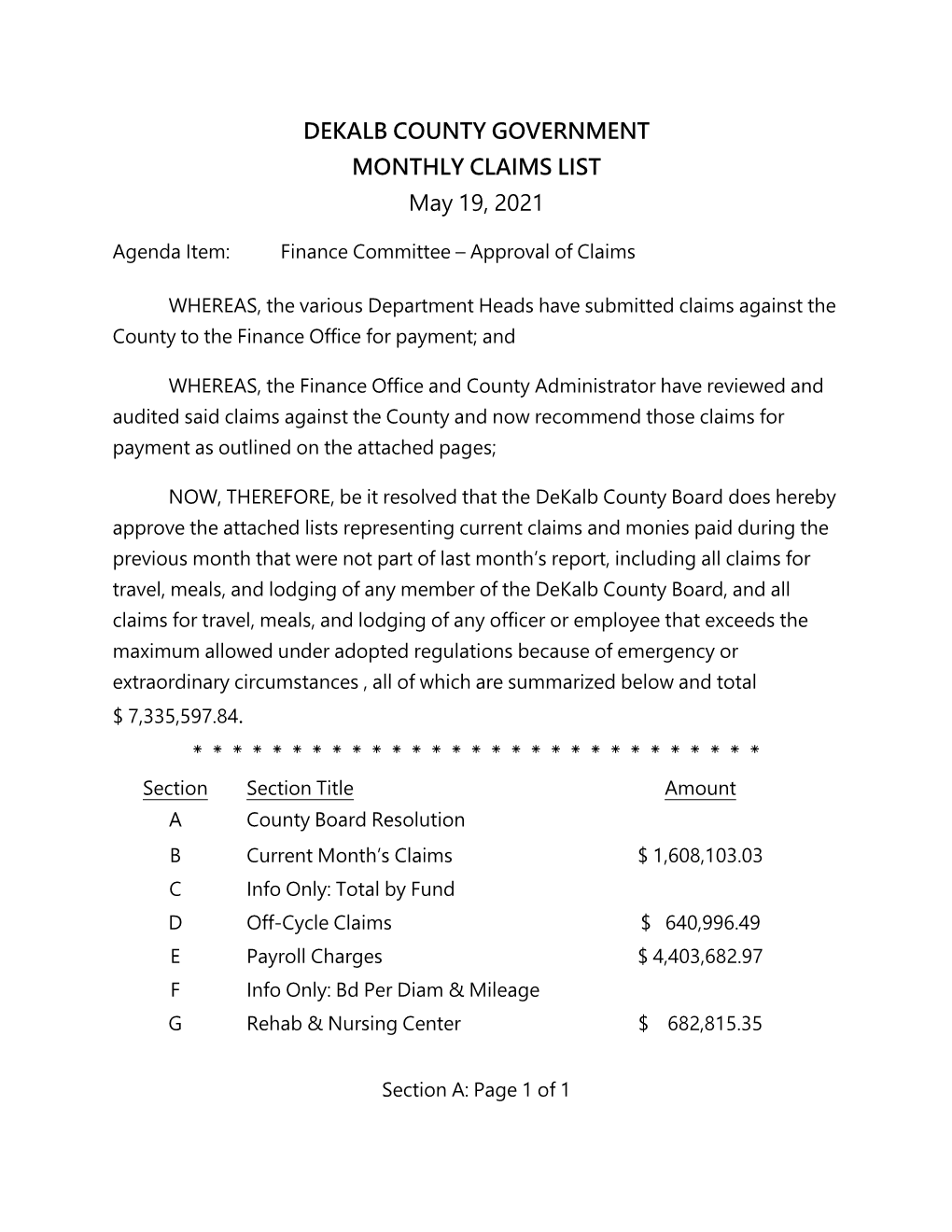 DEKALB COUNTY GOVERNMENT MONTHLY CLAIMS LIST May 19, 2021
