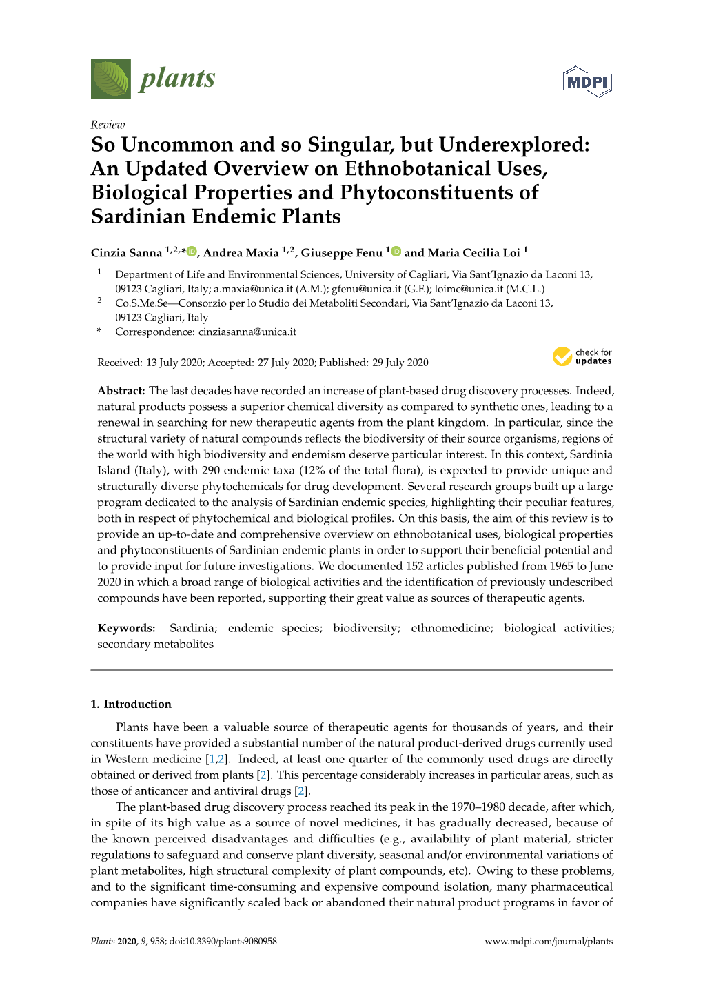 So Uncommon and So Singular, but Underexplored: an Updated Overview on Ethnobotanical Uses, Biological Properties and Phytoconstituents of Sardinian Endemic Plants