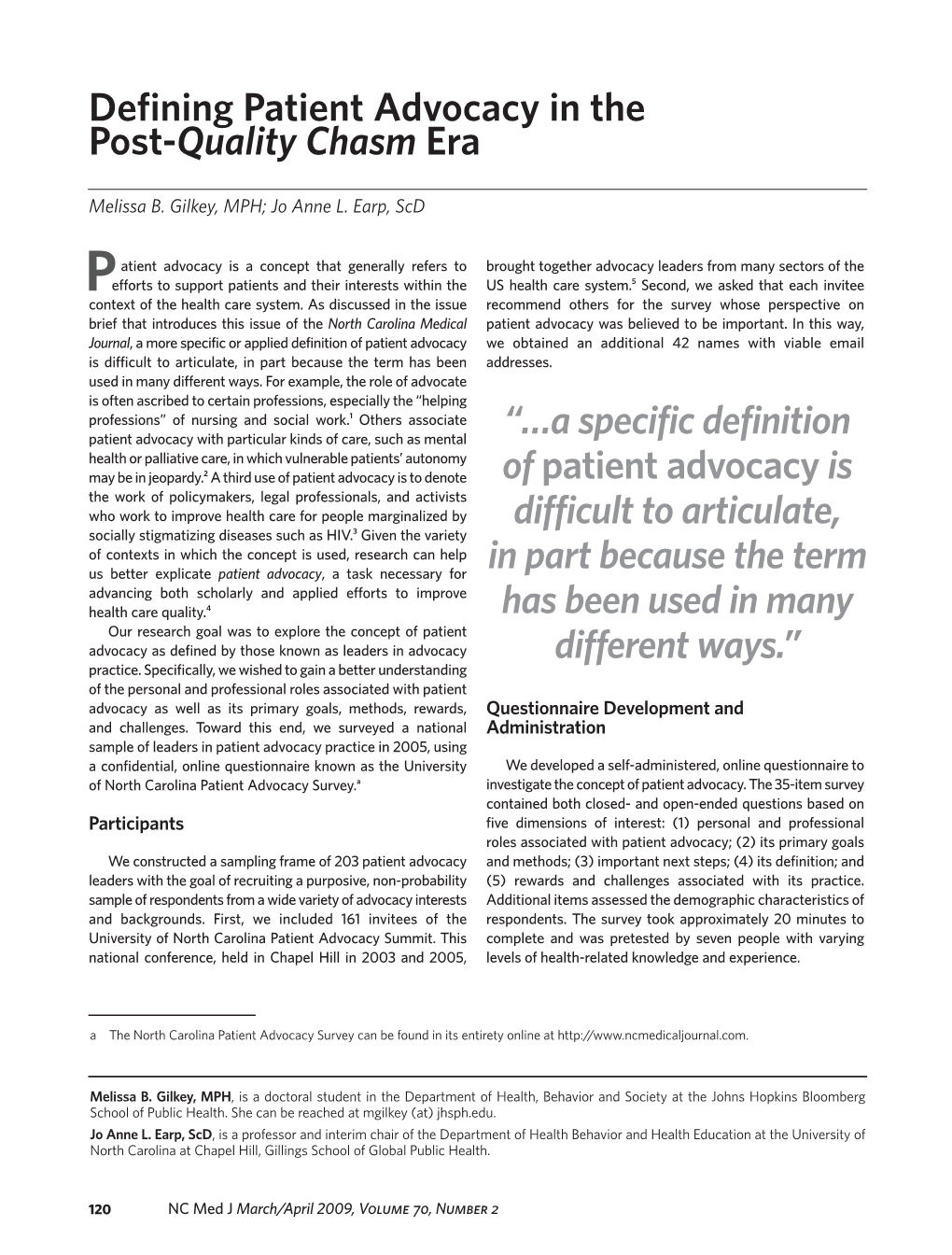 Defining Patient Advocacy in the Post- Quality Chasm Era