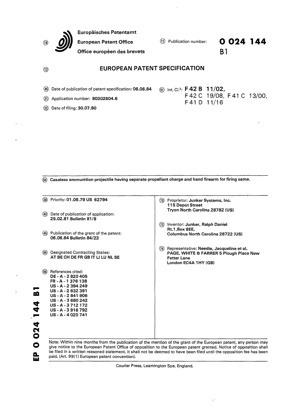 Caseless Ammunition Projectile Having Separate Propellant Charge and Hand Firearm for Firing Same