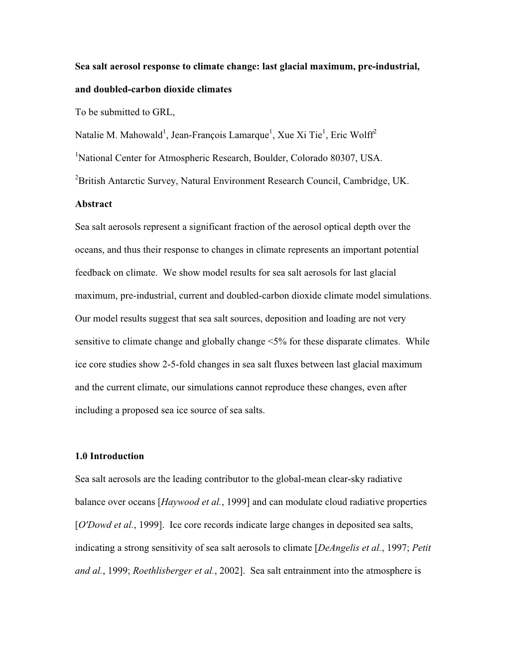 Sea Salt Aerosol Response to Climate Change: Last Glacial Maximum, Pre-Industrial