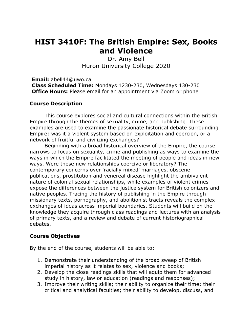 HIST 3410F: the British Empire: Sex, Books and Violence Dr