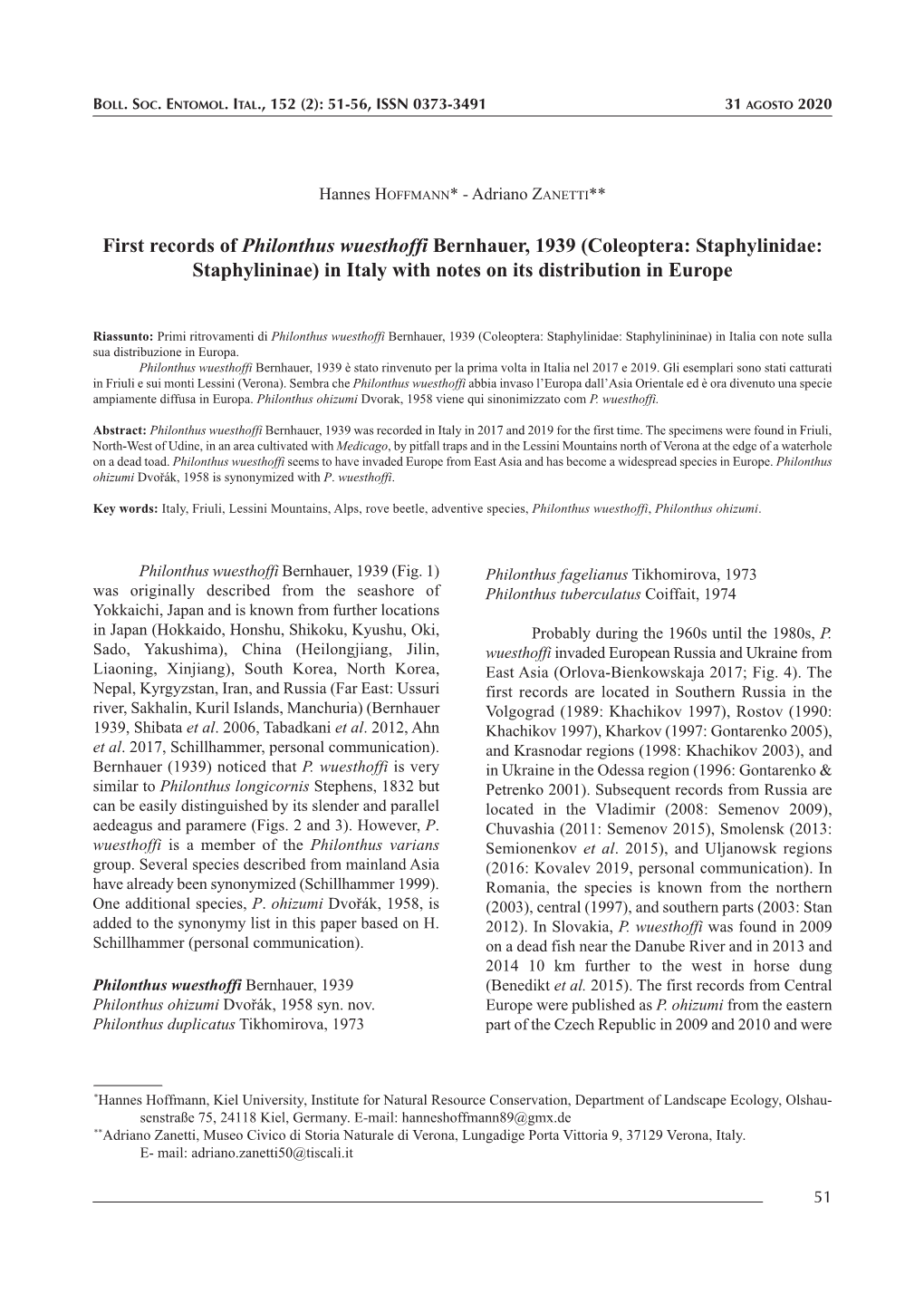 First Records of Philonthus Wuesthoffi Bernhauer, 1939 (Coleoptera: Staphylinidae: Staphylininae) in Italy with Notes on Its Distribution in Europe