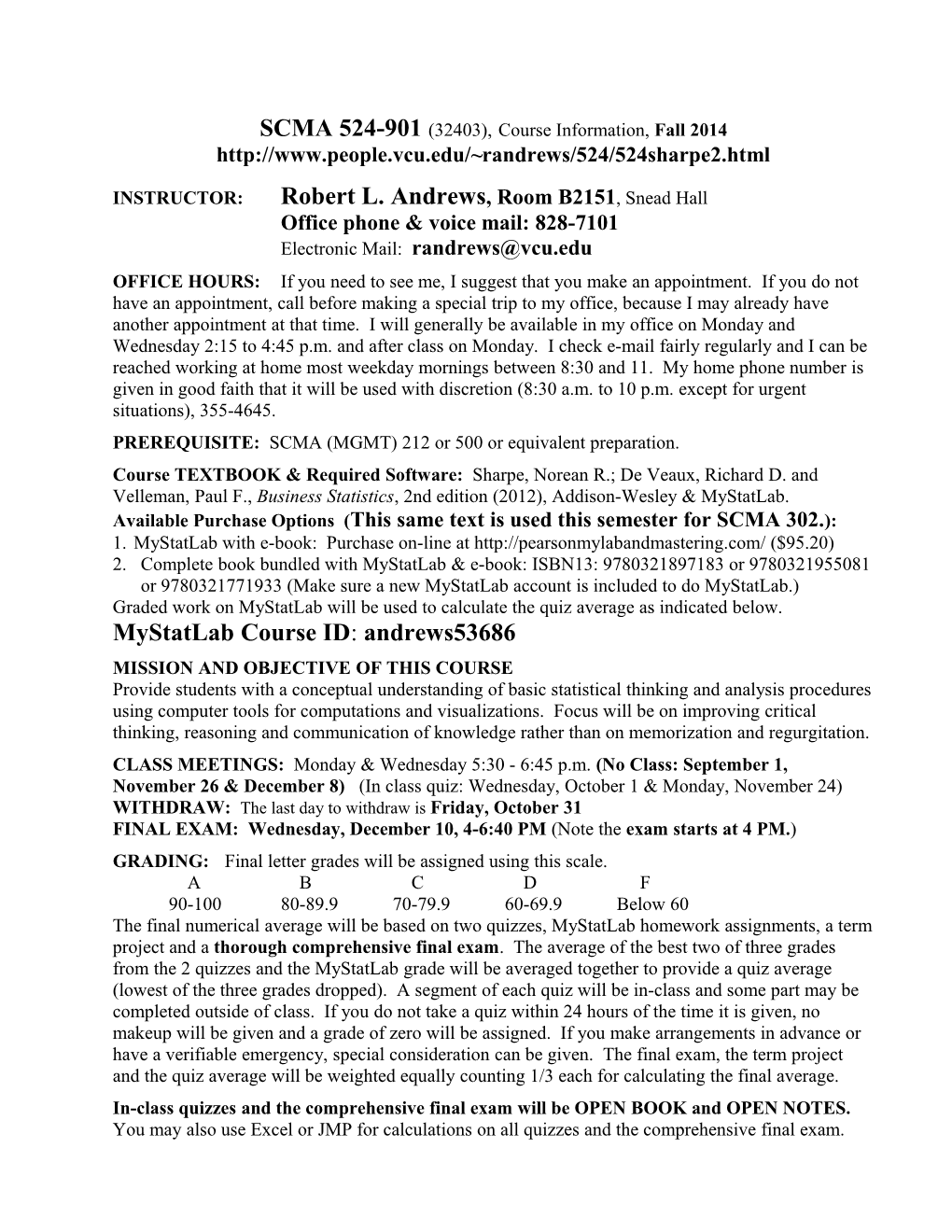 BUS 301, Course Outline, Spring 1998