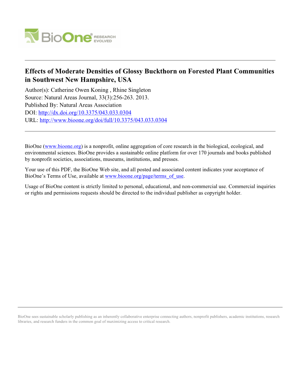 Effects of Moderate Densities of Glossy Buckthorn on Forested Plant