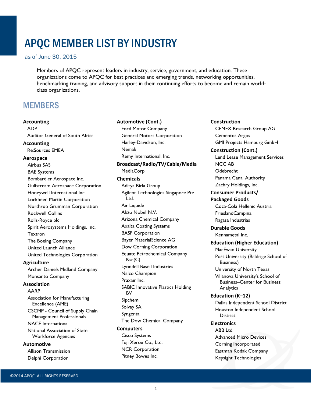 APQC MEMBER LIST by INDUSTRY As of June 30, 2015