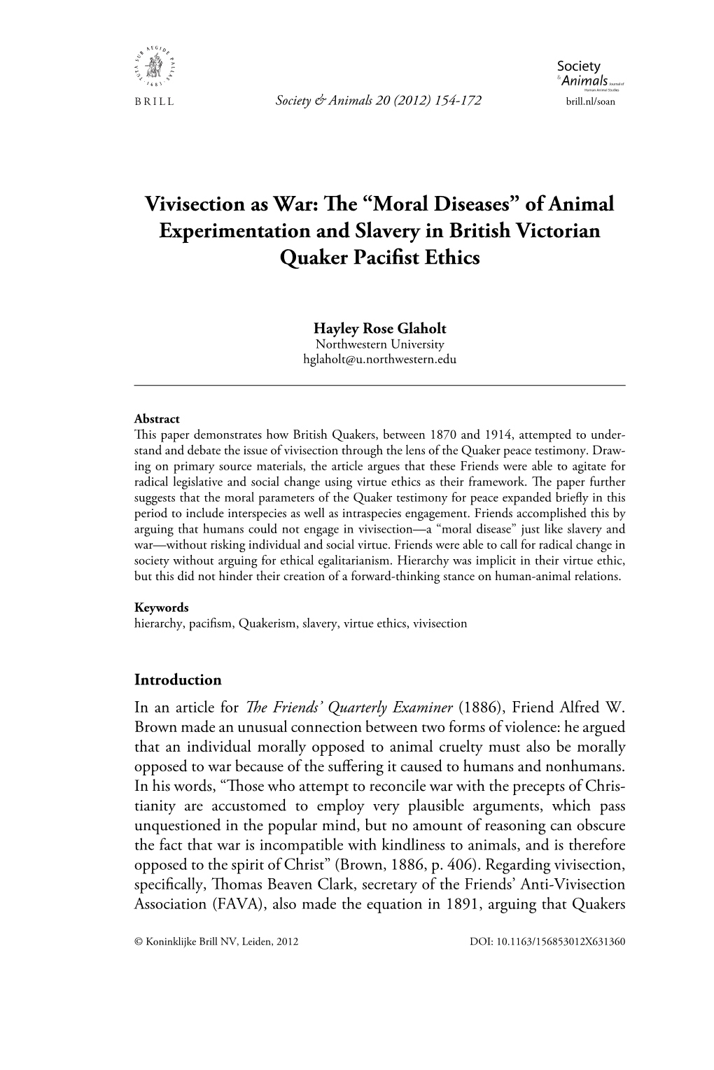 Vivisection As War: the “Moral Diseases” of Animal Experimentation and Slavery in British Victorian Quaker Pacifist Ethics