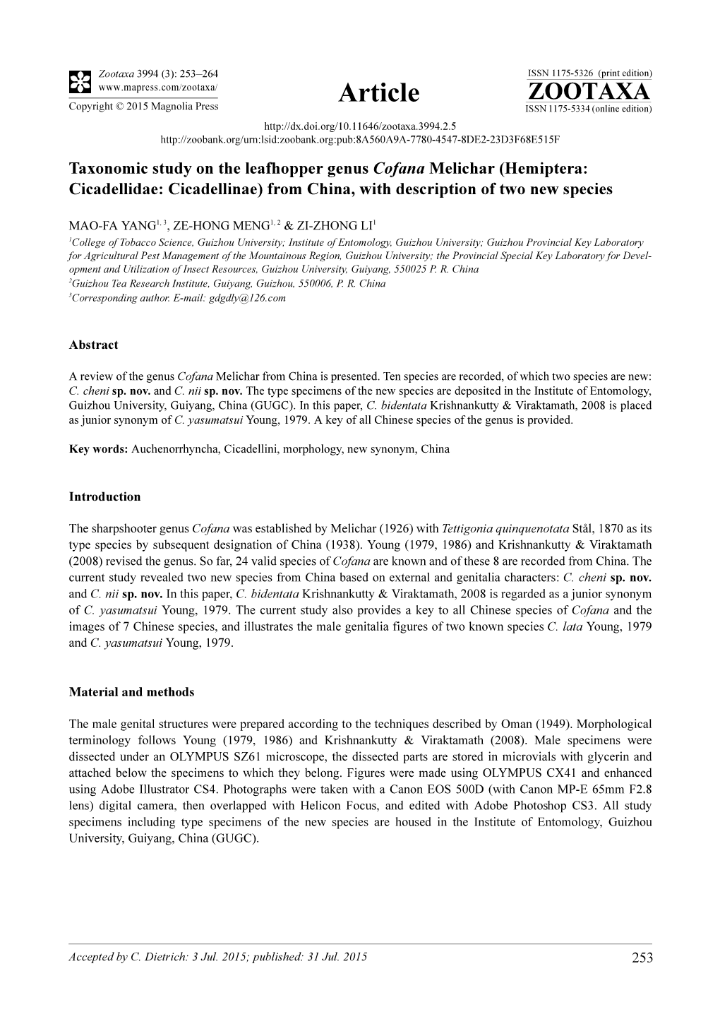 Taxonomic Study on the Leafhopper Genus Cofana Melichar (Hemiptera: Cicadellidae: Cicadellinae) from China, with Description of Two New Species