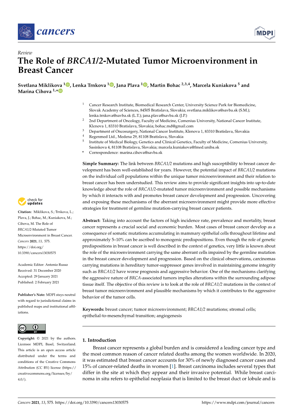 The Role of BRCA1/2-Mutated Tumor Microenvironment in Breast Cancer