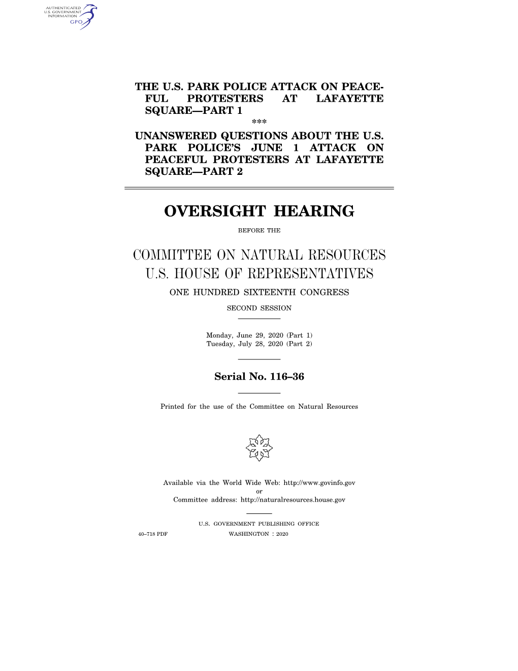 Oversight Hearing Committee on Natural Resources U.S. House of Representatives