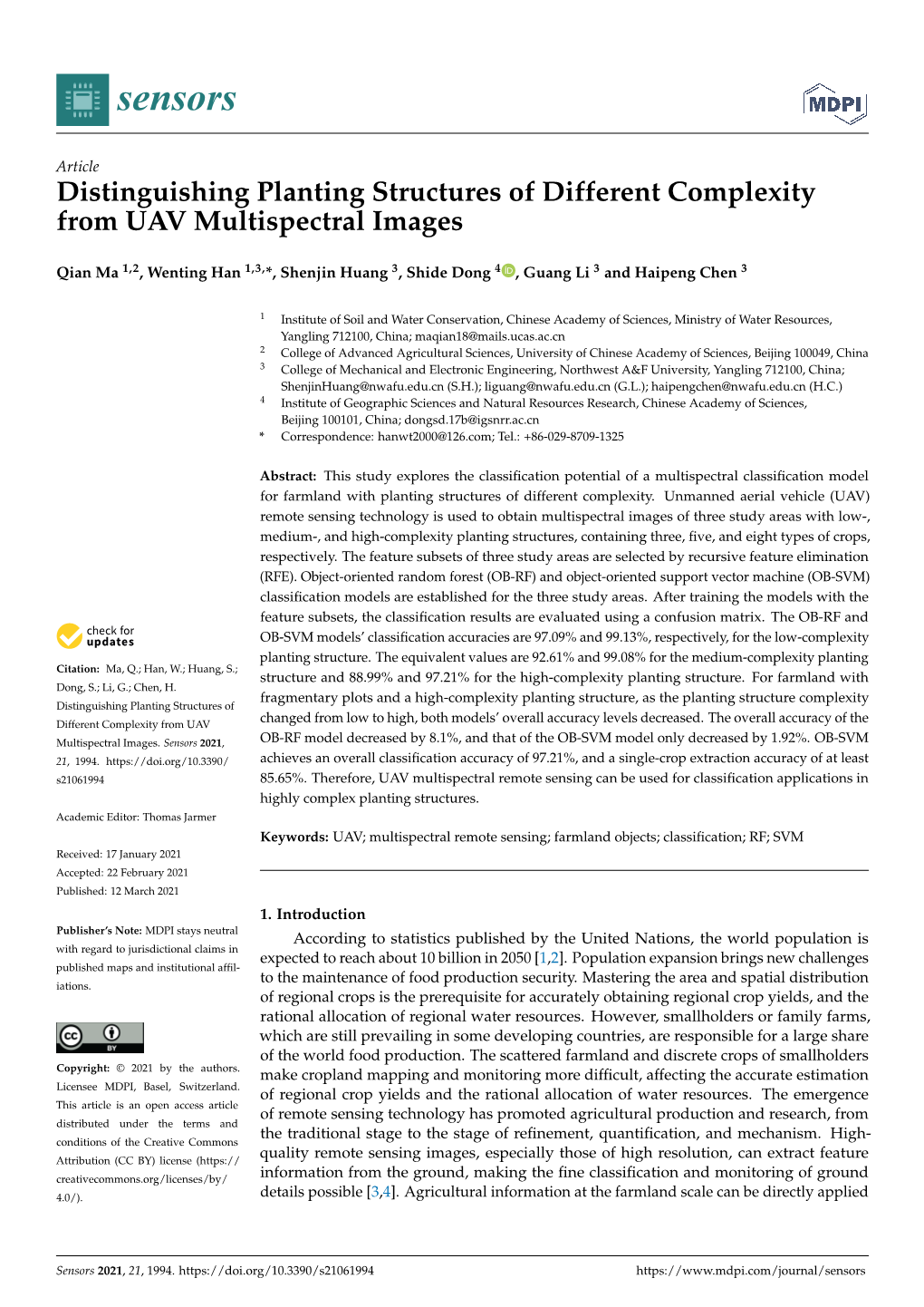 Distinguishing Planting Structures of Different Complexity from UAV Multispectral Images