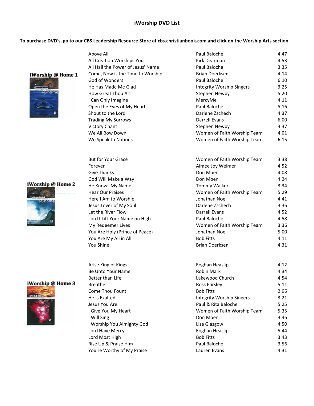 Iworship DVD List