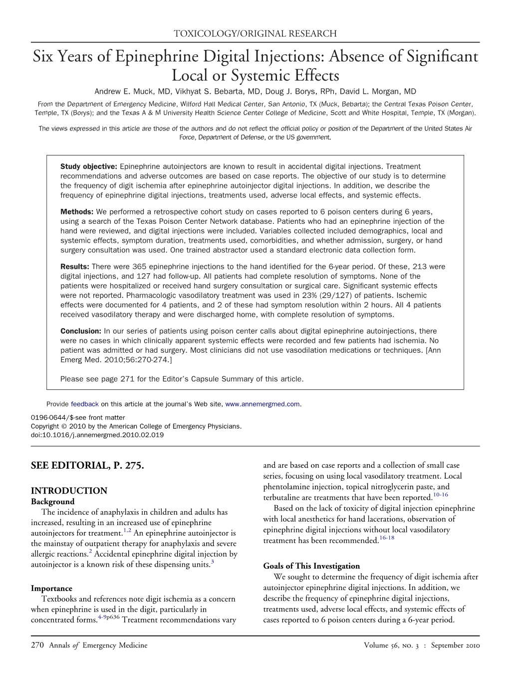 Six Years of Epinephrine Digital Injections: Absence of Signiﬁcant Local Or Systemic Effects Andrew E