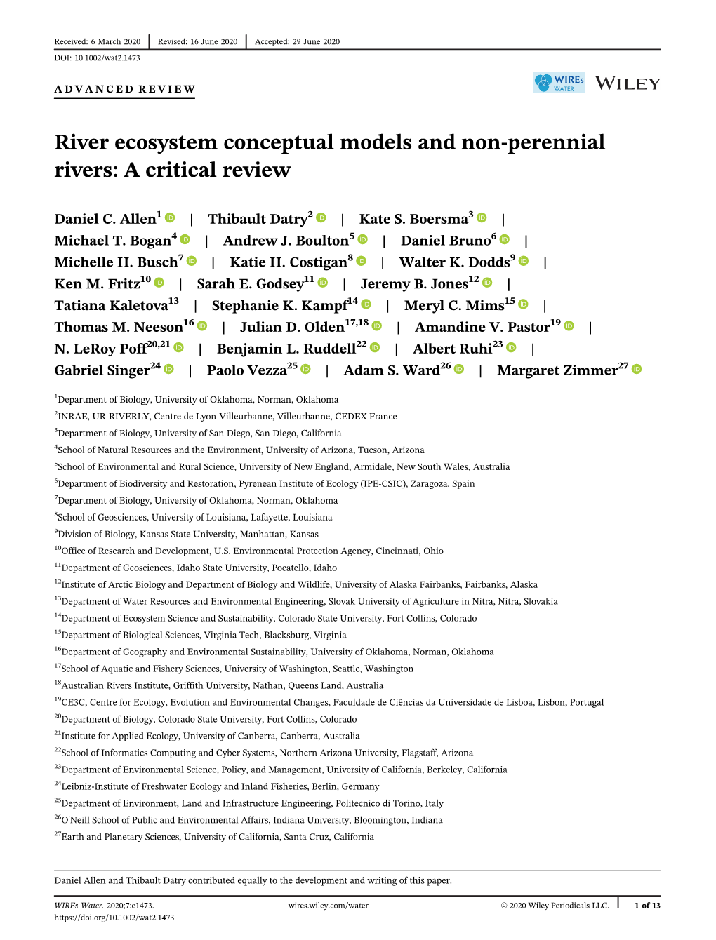 River Ecosystem Conceptual Models and Non-Perennial Rivers: a Critical Review