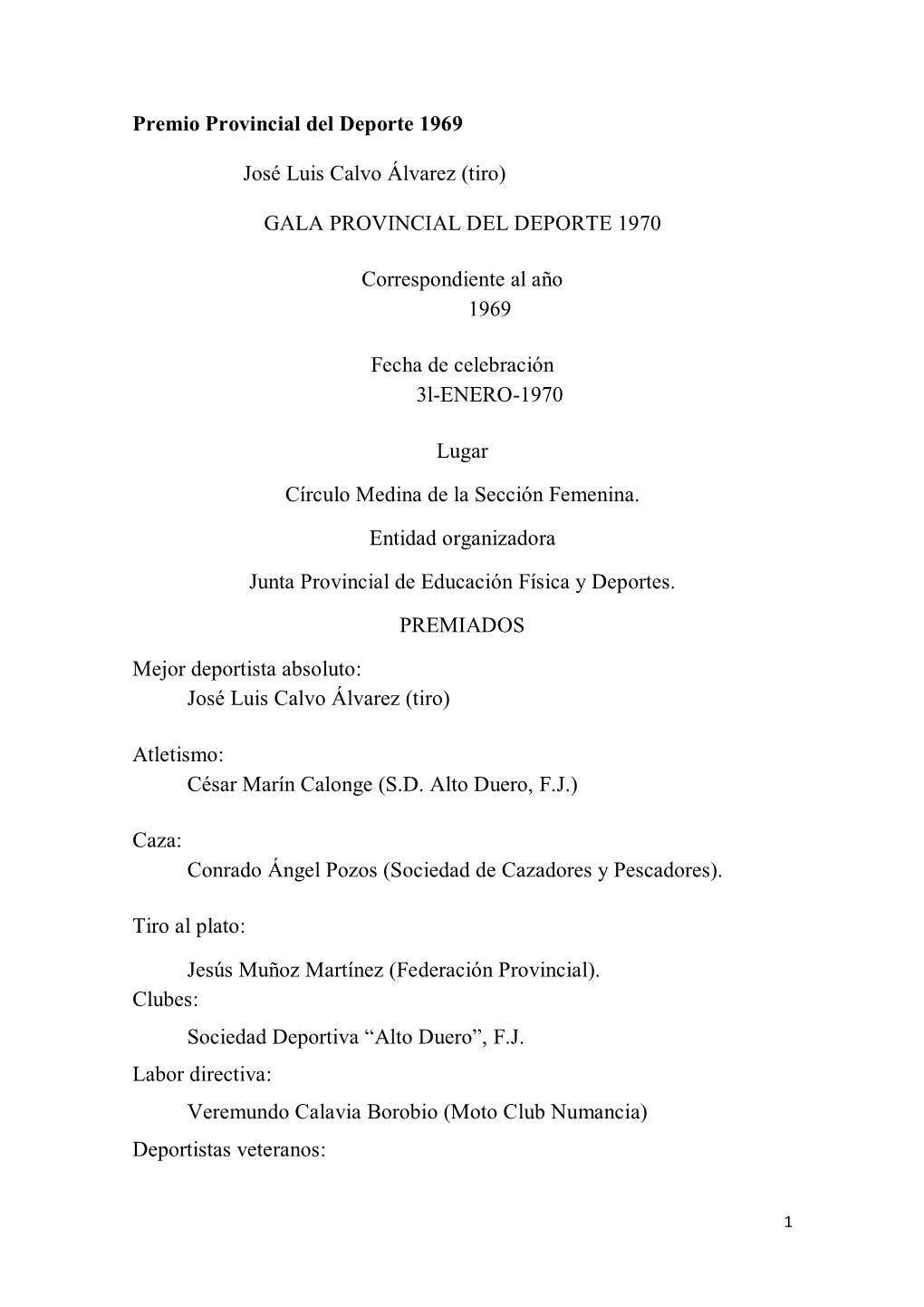 Premio Provincial Del Deporte 1969 José Luis Calvo Álvarez